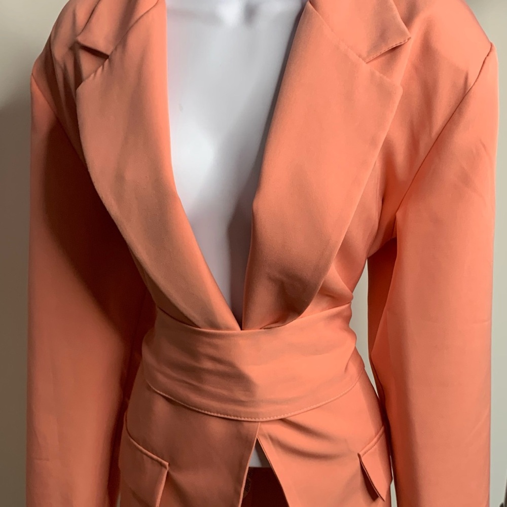 Peach Satin-Look Blazer with Wrap Waist